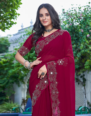 Samah Dyed, Embellished Bollywood Chiffon, Georgette Saree(Red)