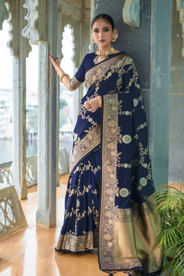 PRANJAL ART Printed Bollywood Jacquard, Art Silk Saree(Dark Blue)