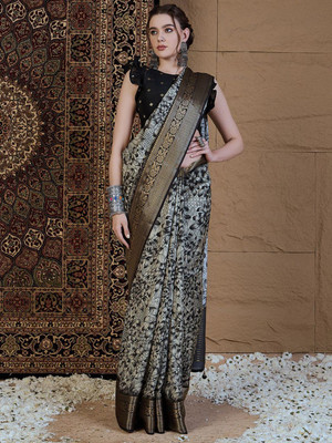 ANOUK Printed Chinnalapattu Viscose Rayon Saree(Beige, Black)