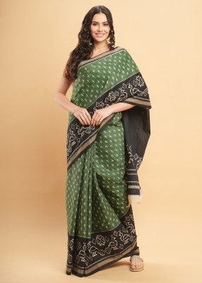 Manvish Drapes Printed Ikkat Pure Cotton Saree(Green)