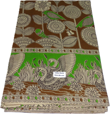 Velora Enterprises Printed Kalamkari Handloom Cotton Blend Saree(Green, Brown, Beige)