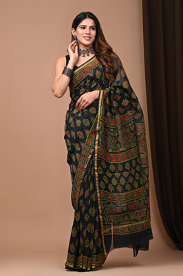 Taavi Blocked Printed Chanderi Cotton Blend Saree(Black)