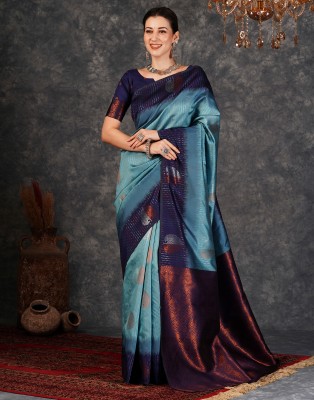 Samah Woven, Embellished, Striped Banarasi Silk Blend, Jacquard Saree(Light Blue, Dark Blue, Silver)