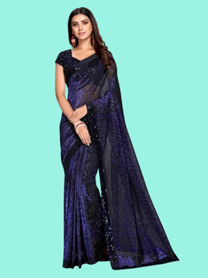 Vragi Solid/Plain Bollywood Lycra Blend Saree(Dark Blue)