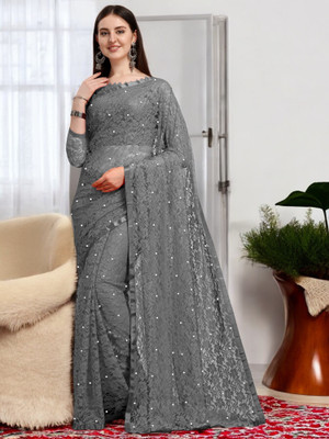 Nexafashion Self Design Bollywood Net Saree(Grey)