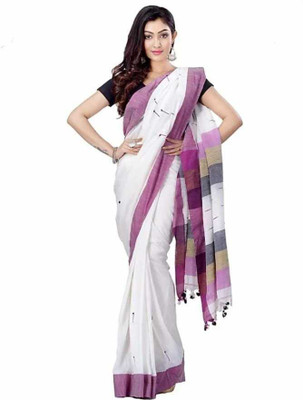 AjoyDas Self Design Handloom Pure Cotton Saree(White)