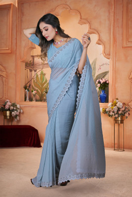 SHYAM TEX Solid/Plain Bollywood Georgette Saree(Light Blue)