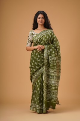 JAI HANUMAN HAND PRINTING Blocked Printed Daily Wear Cotton Linen Saree(Green)