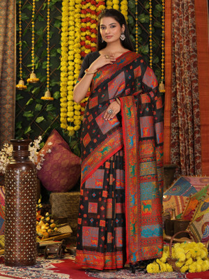Divastri Woven Patola Cotton Linen Saree(Black)
