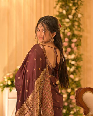 DHRUMIFASHION Woven, Self Design Mekhela Chador Polyester Saree(Brown)