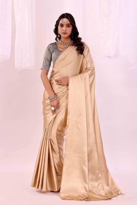 Suali Solid/Plain Bollywood Satin Saree(Gold)