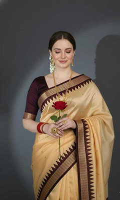 Tilfelle Woven, Temple Border Sambalpuri Silk Blend Saree(Cream)