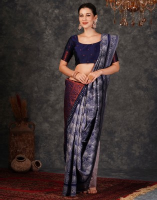 Samah Woven, Self Design, Embellished Banarasi Silk Blend, Jacquard Saree(Grey, Dark Blue)