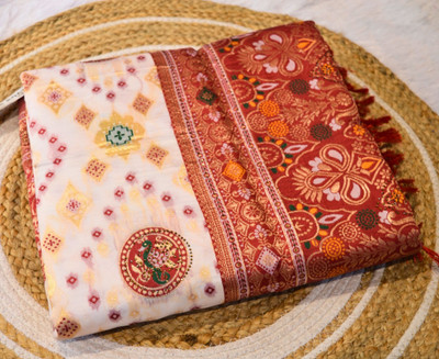 VaIdehi Woven, Floral Print, Geometric Print, Printed, Embellished Bollywood Cotton Blend Saree(White)