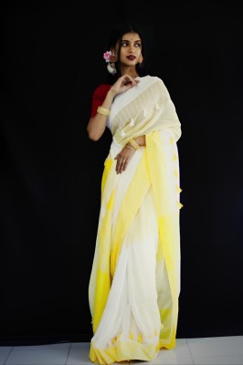 sdn Embroidered, Solid/Plain Handloom Pure Cotton Saree(Yellow, White)