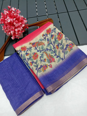 HouseOfCommon Floral Print Kanjivaram Linen, Cotton Linen Saree(Multicolor)