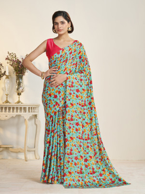 GARDEN VARELI Floral Print Bollywood Crepe, Satin Saree(Blue)