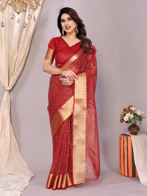VILLAGIUS Embroidered, Woven Bollywood Organza, Polyester Saree(Red)