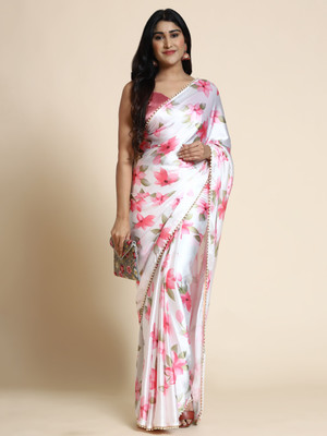 Fabian Fashion Floral Print, Digital Print Bollywood Satin Saree(White)