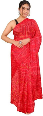 TMT HUB Geometric Print Bandhani Cotton Silk Saree(Red)