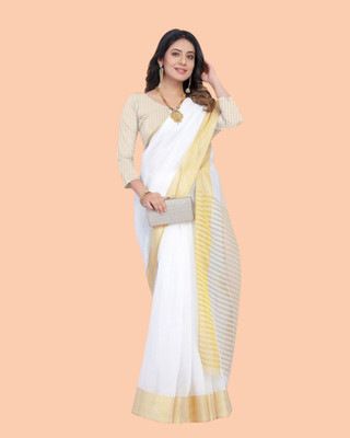 shree laxmi Woven Kasavu Pure Cotton Saree(White)