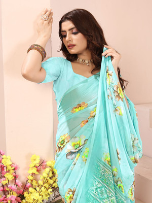 zamuna Floral Print Daily Wear Georgette Saree(Light Blue)