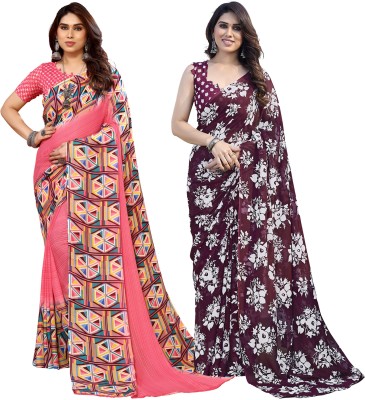 Anand Sarees Floral Print Daily Wear Georgette Saree(Pack of 2, Pink, Brown)