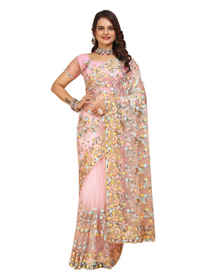 Tejal Creation Self Design Bollywood Net Saree(Pink)