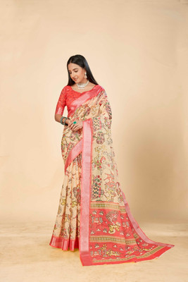 VTEXX Digital Print Saree with Attached Blouse Cotton Linen Saree(Multicolor)