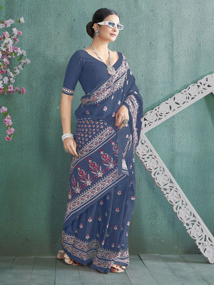 HERE&NOW Printed Ikkat Pure Cotton Saree(Blue)