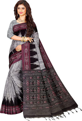 Joyguru Textile Printed Sambalpuri Cotton Blend Saree(Grey)