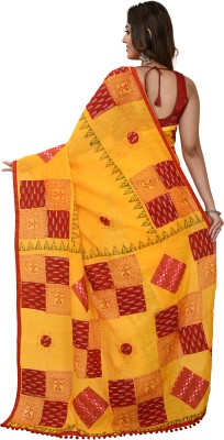 The Woven India Woven Handloom Cotton Blend Saree(Yellow, White)