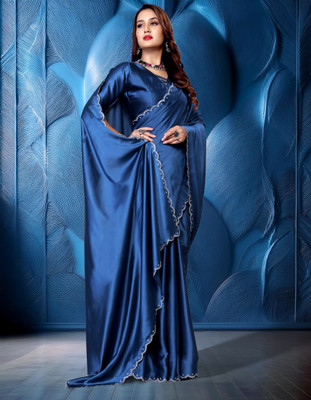 Mangukiya creation Solid/Plain, Self Design Bollywood Satin, Silk Blend Saree(Dark Blue)