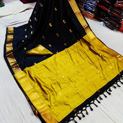NST5 Woven Kanjivaram Cotton Silk, Organza Saree(Black)