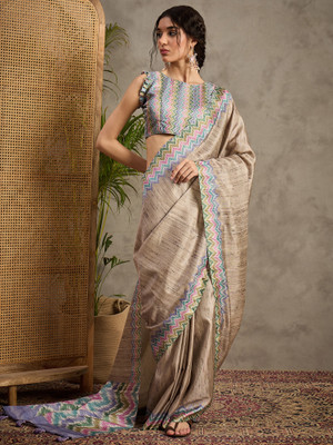 Tasrika Printed Maheshwari Satin, Silk Blend Saree(Beige)