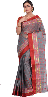DipDiya Self Design Tant Pure Cotton Saree(Grey)