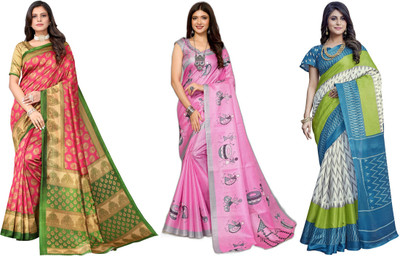 ANIRAV Printed Kalamkari Art Silk Saree(Pack of 3, Pink, White, Blue)