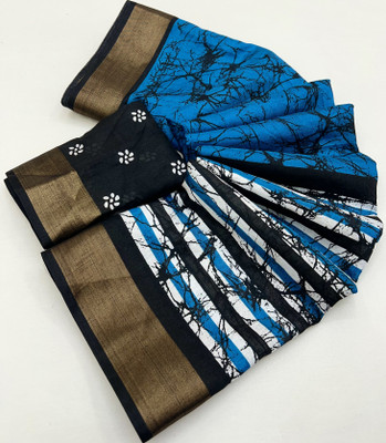 J6 Designers Printed Bollywood Cotton Blend Saree(Blue)