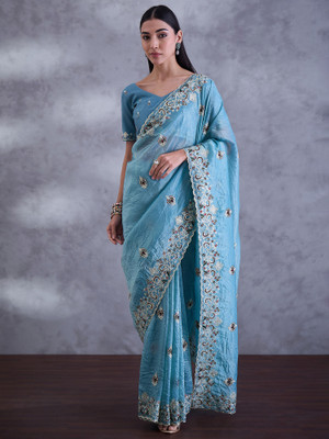 Tasrika Embroidered Bollywood Organza Saree(Light Blue)