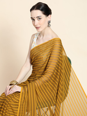 Riddhi textile Hub Striped Bollywood Chiffon Saree(Yellow)