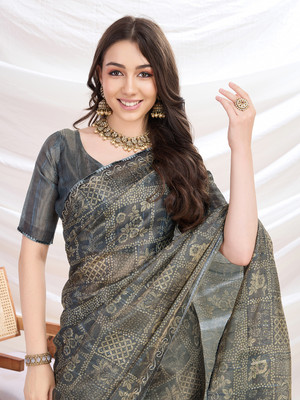 MANTROTSAV Digital Print Bandhani Tissue Saree(Grey)