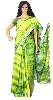 HAIDER ALI AND SONS Dyed, Printed Bhagalpuri Cotton Linen Saree(Green)