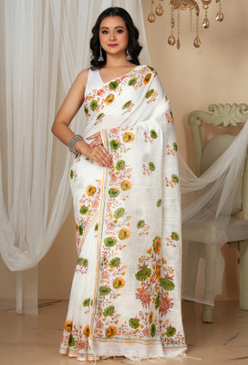 Mystory Printed Handloom Handloom Cotton Blend Saree(White)