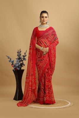 DURGA CRETION Digital Print Bandhani Georgette Saree(Red)