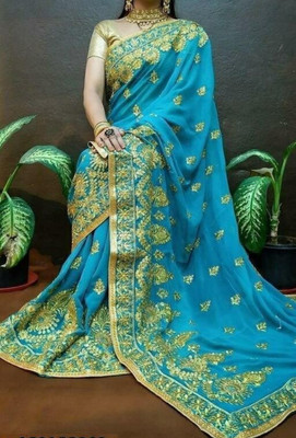 KHRITI FAB Embroidered, Self Design Bollywood Georgette Saree(Light Blue)