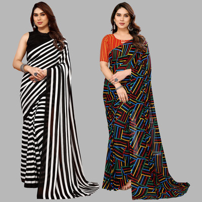 kashvi sarees Self Design, Printed Daily Wear Georgette Saree(Pack of 2, Black, White, Multicolor)