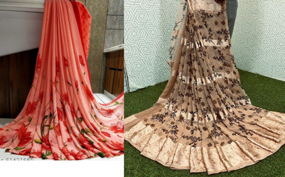 Sitanjali Floral Print Daily Wear Georgette Saree(Pack of 2, Red)