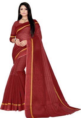 Suali Striped Bollywood Cotton Blend, Cotton Linen Saree(Red)