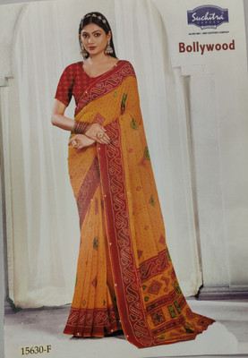 Bollywood sarees Digital Print Bandhani Chiffon Saree(Yellow)