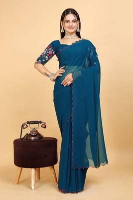 SAADHYA CREATION Solid/Plain Bollywood Georgette Saree(Dark Blue)